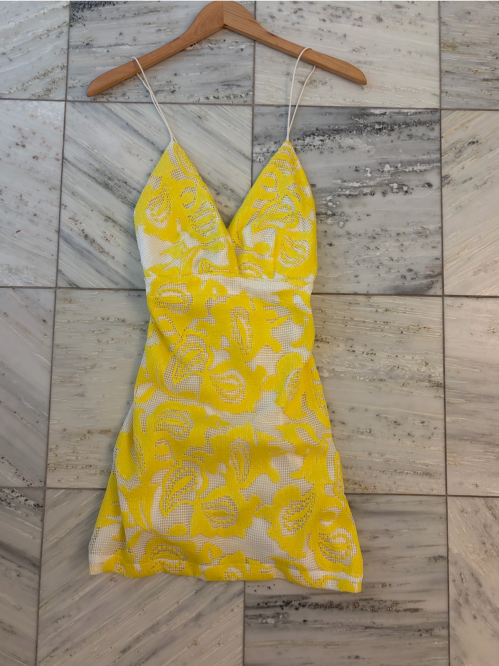 Anthropologie Yellow and White Floral Knit Spaghetti-Strap Mini Dress